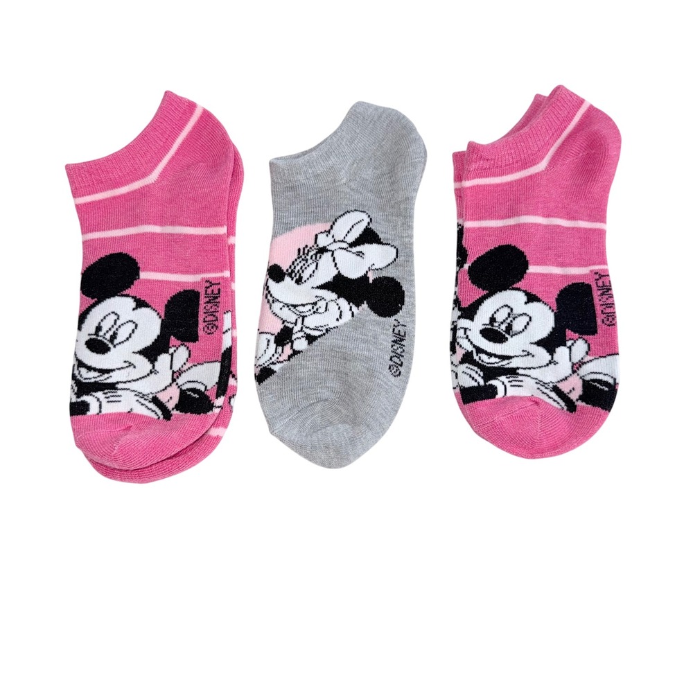 Disney Mickey Mouse No Show Socks Women One Size Pink Grey Striped 3 Pair Pack